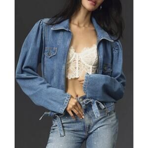 Maeve by Anthropologie Puff-Sleeve Cropped Denim Bomber Jacket Women's Medium
